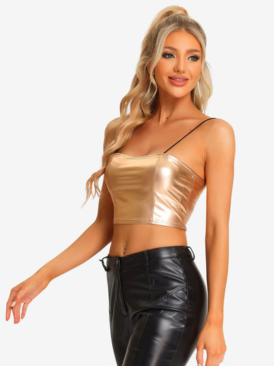 Women's Spaghetti Strap Tank Top Sleeveless Festival Party Clubwear Sparkly Shiny Metallic Crop Cami Top