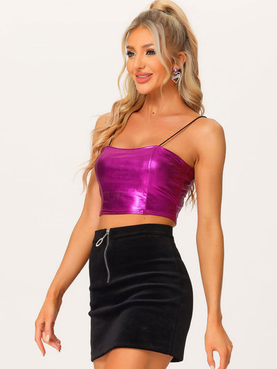 Women's Spaghetti Strap Tank Top Sleeveless Festival Party Clubwear Sparkly Shiny Metallic Crop Cami Top