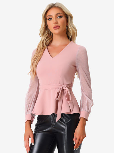 Tie Waist Peplum Ruffle Hem Party V Neck Mesh Long Sleeve Blouse