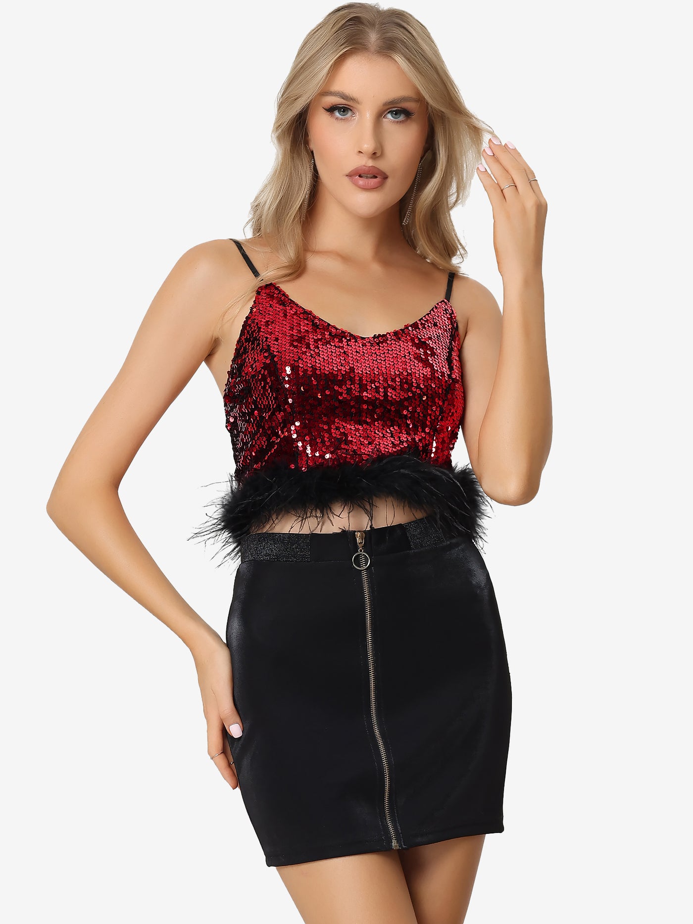 Allegra K Metallic Sequin Cropped Sparkle Glitter V Neck Sleeveless Party Club Tops