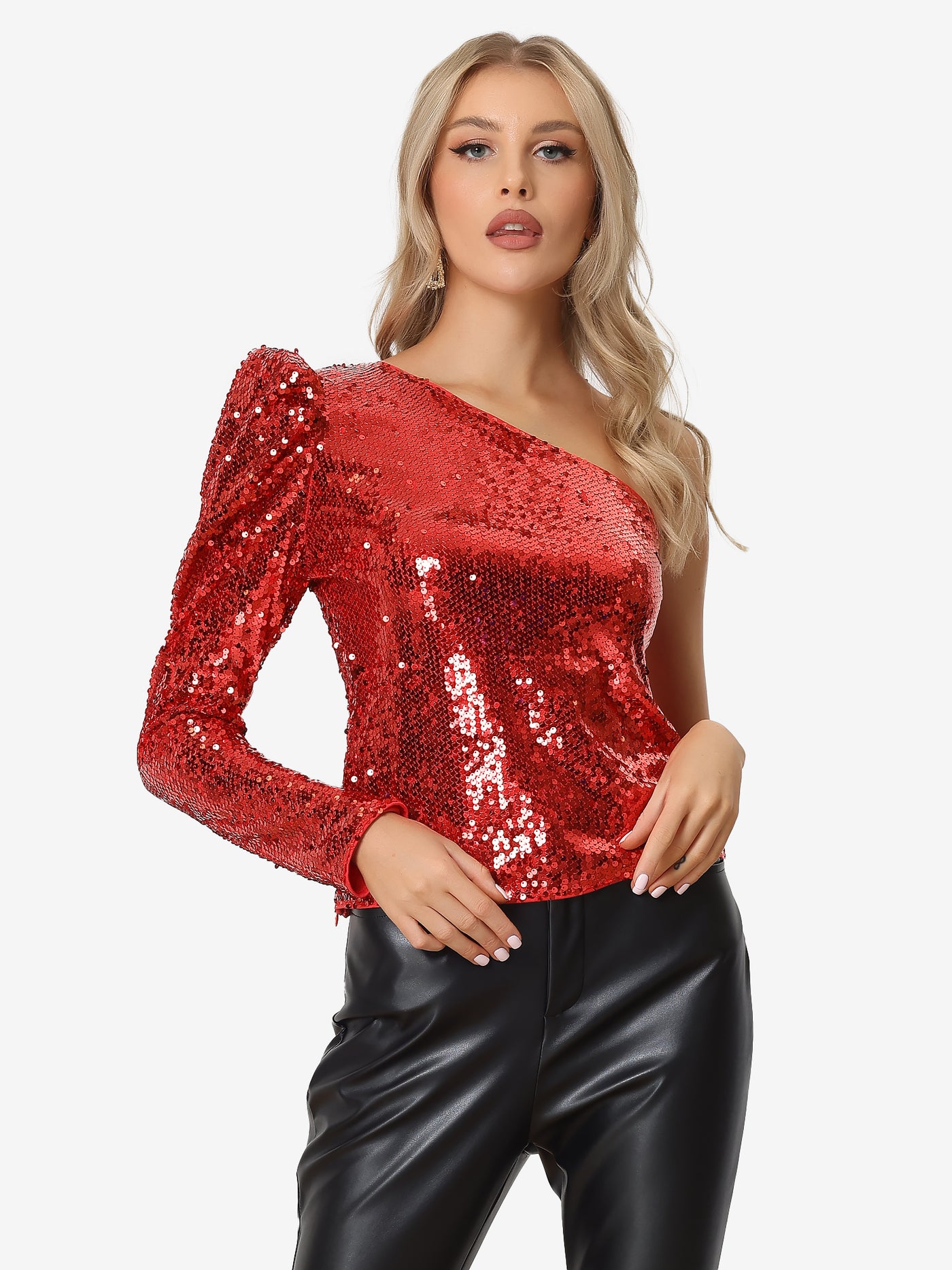 Allegra K Sparkly Sequin One Shoulder Puff Long Sleeve Shimmer Tops