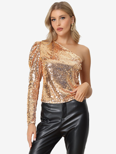 Sparkly Sequin One Shoulder Puff Long Sleeve Shimmer Tops