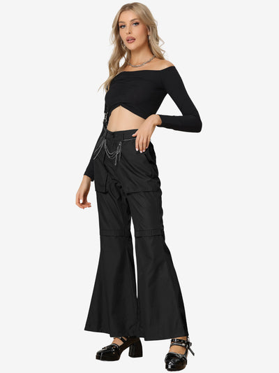 Allegra K Bell Bottom High Waist Pockets Wide Leg Cargo Pants