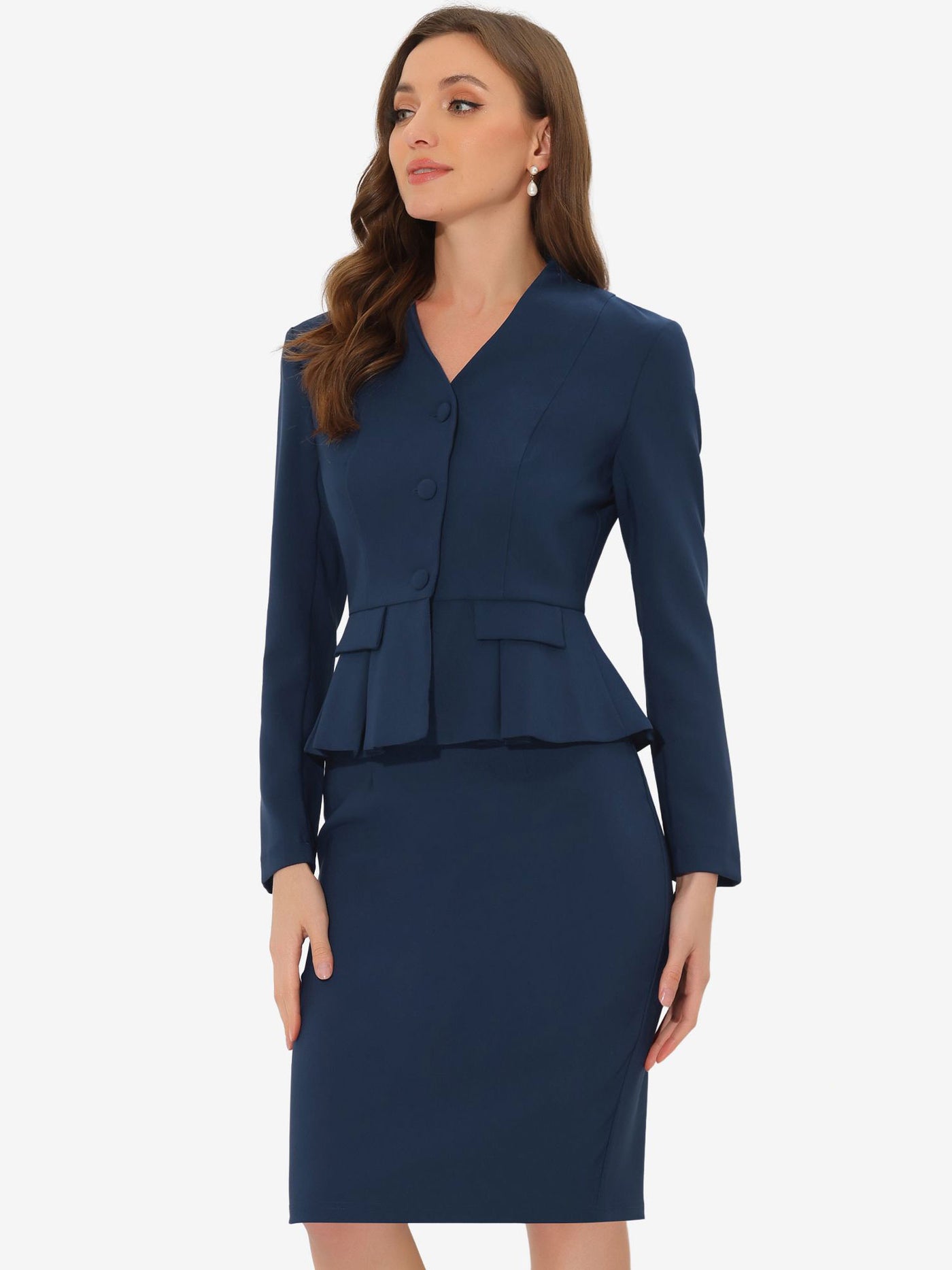 Allegra K 2 Piece Long Sleeve Collarless Peplum Blazer and Pencil Skirt Work Suit Set