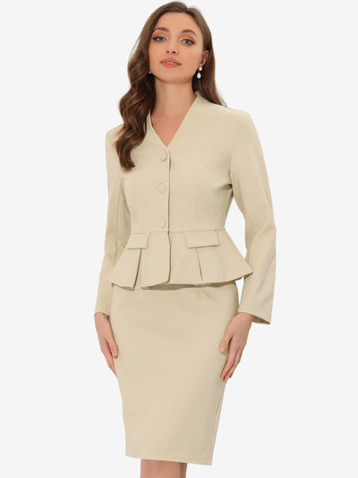 2 Piece Long Sleeve Collarless Peplum Blazer and Pencil Skirt Work Suit Set