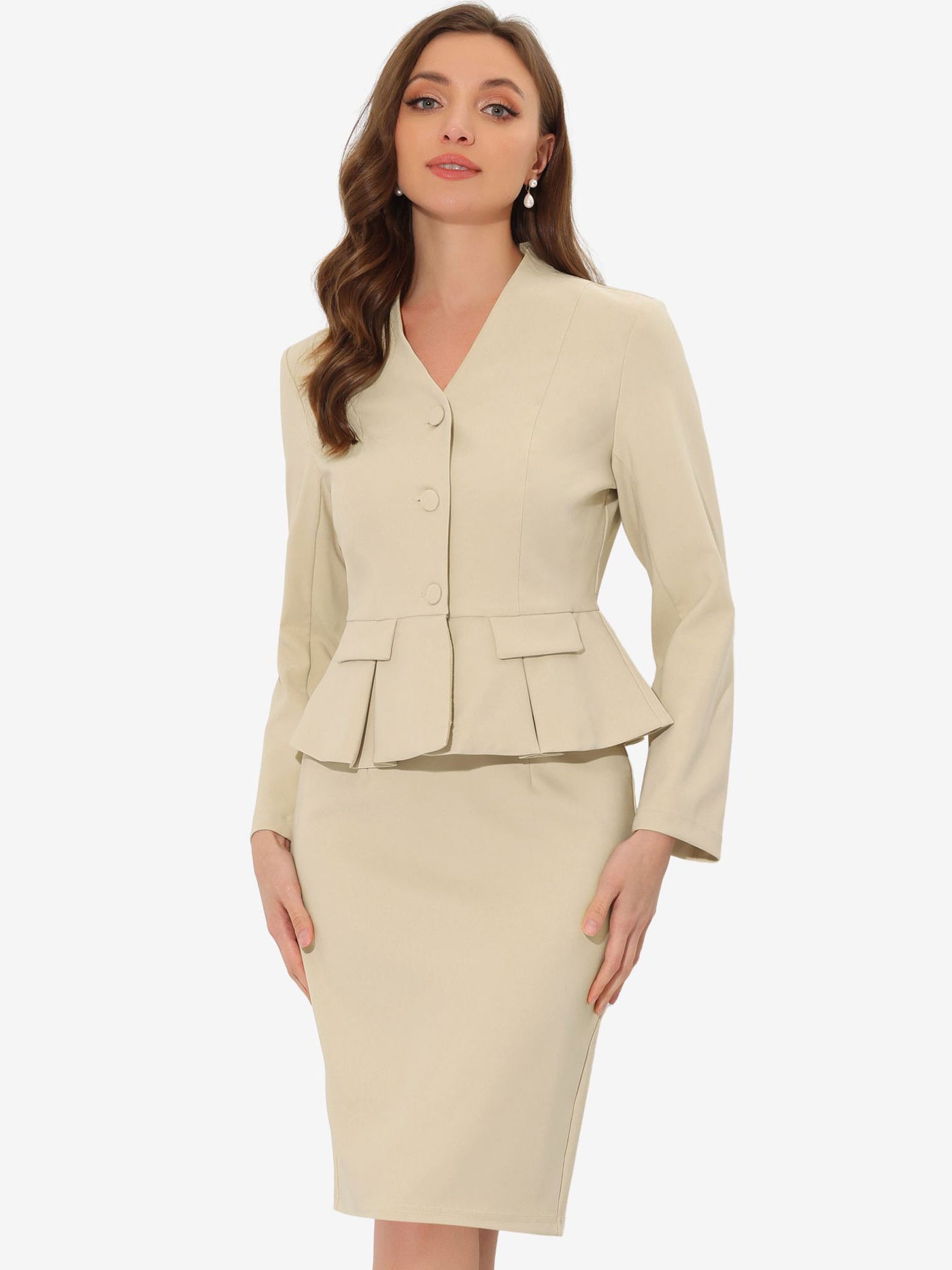 Allegra K 2 Piece Long Sleeve Collarless Peplum Blazer and Pencil Skirt Work Suit Set