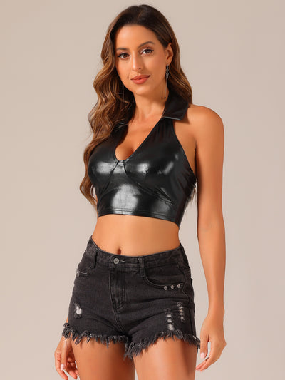 Holographic Crop Top Shimmering Shiny Party Halter Metallic Tops