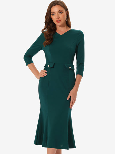 Vintage Bodycon Fishtail 3/4 Sleeve Work Church Cocktail Dress