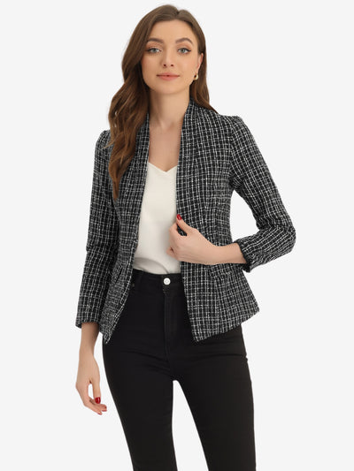 Long Sleeve Open Front Work Office Jackets Plaid Tweed Blazer