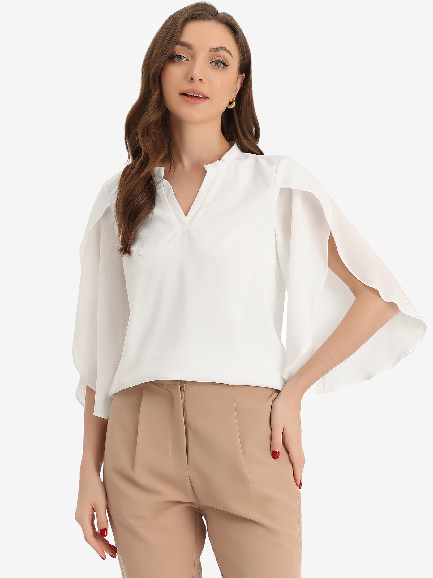 Allegra K Chiffon Blouse V Neck Split Sleeve Business Casual Shirts