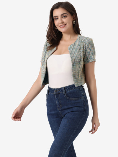 Allegra K Tweed Open Front Short Sleeve Cropped Jacket