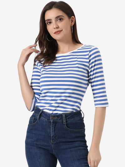 Elbow Sleeve Round Neck Casual Striped T-Shirt