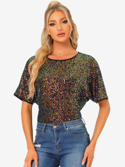 Sequin Top Round Neck Short Sleeve Party Clubwear Blouse