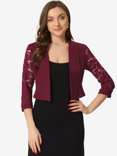 Lace Panel Open Front Long Sleeve Work Office Crop Bolero Shrug