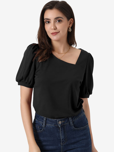 Casual Puff Short Sleeve Asymmetrical V Neck Loose Fit Blouse