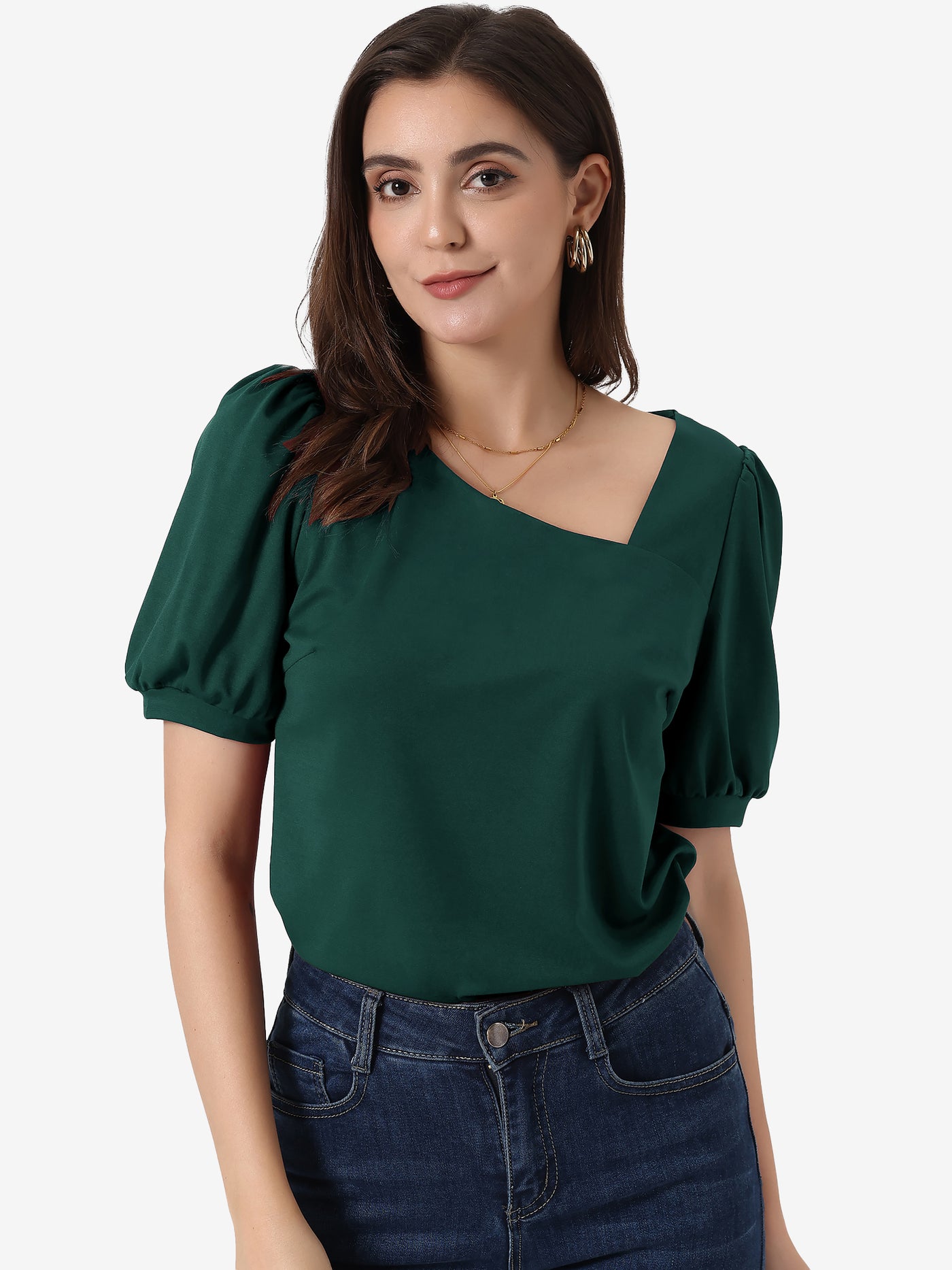 Allegra K Casual Puff Short Sleeve Asymmetrical V Neck Loose Fit Blouse