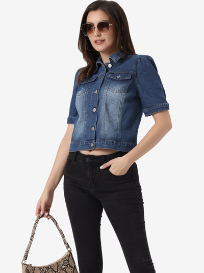 Casual Short Puff Sleeves Button-Down Jean Denim Jacket