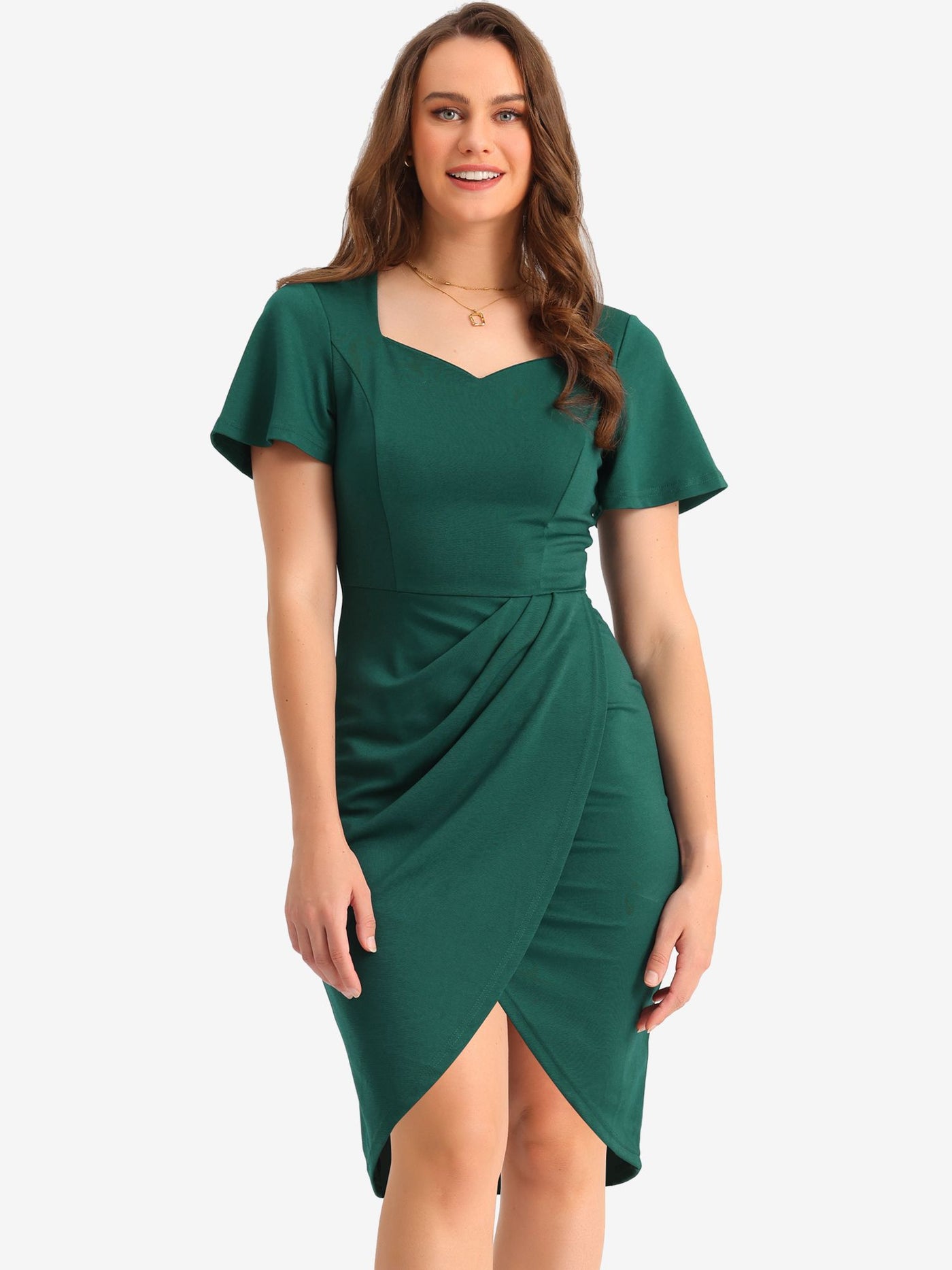 Allegra K Solid Wrap Work Short Sleeve Bodycon Midi Dress