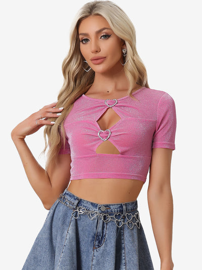 Allegra K Party Glitter Shiny Short Sleeves Cut Out Crop Tops