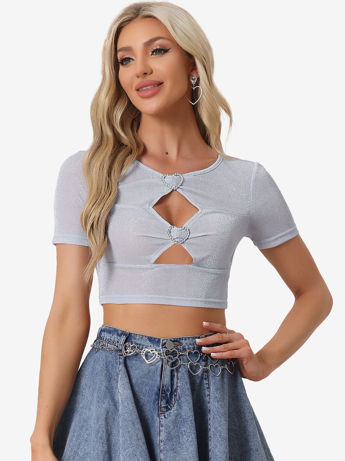 Allegra K Party Glitter Shiny Short Sleeves Cut Out Crop Tops