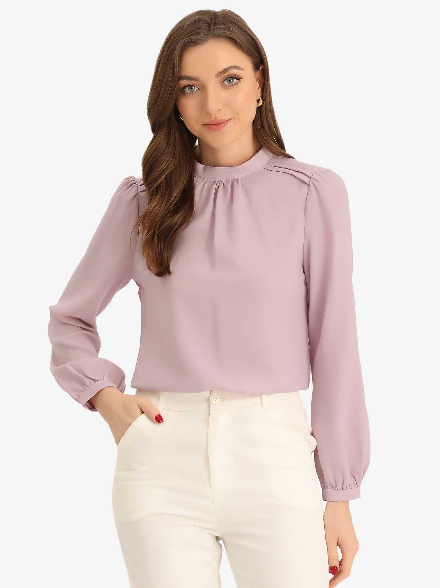 Allegra K Chiffon Shirt Work Office Mock Neck Long Sleeve Blouse