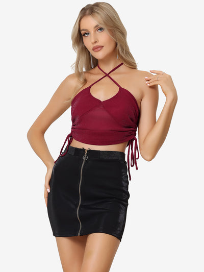 Glitter Halter Neck Sleeveless Sheer Sexy Club Party Cropped Top