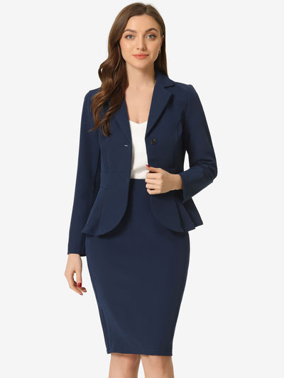 Long Sleeve Notched Lapel Peplum Blazer Pencil Skirt 2 Piece Set