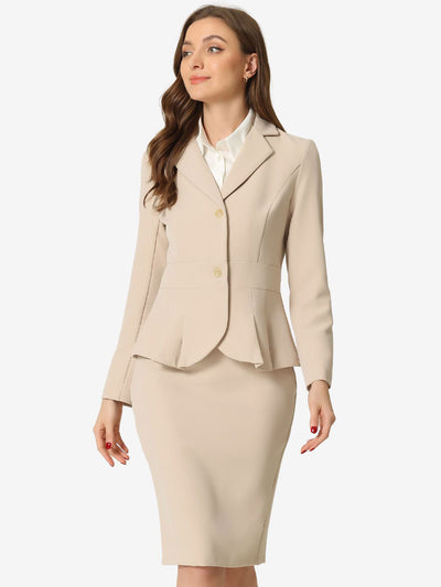 Long Sleeve Notched Lapel Peplum Blazer Pencil Skirt 2 Piece Set