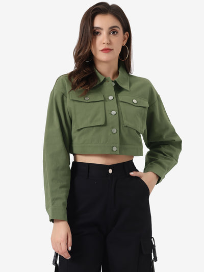 Button Down Long Sleeve Casual Chambray Cargo Crop Jacket