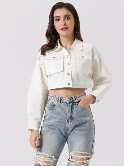 Button Down Long Sleeve Casual Chambray Cargo Crop Jacket