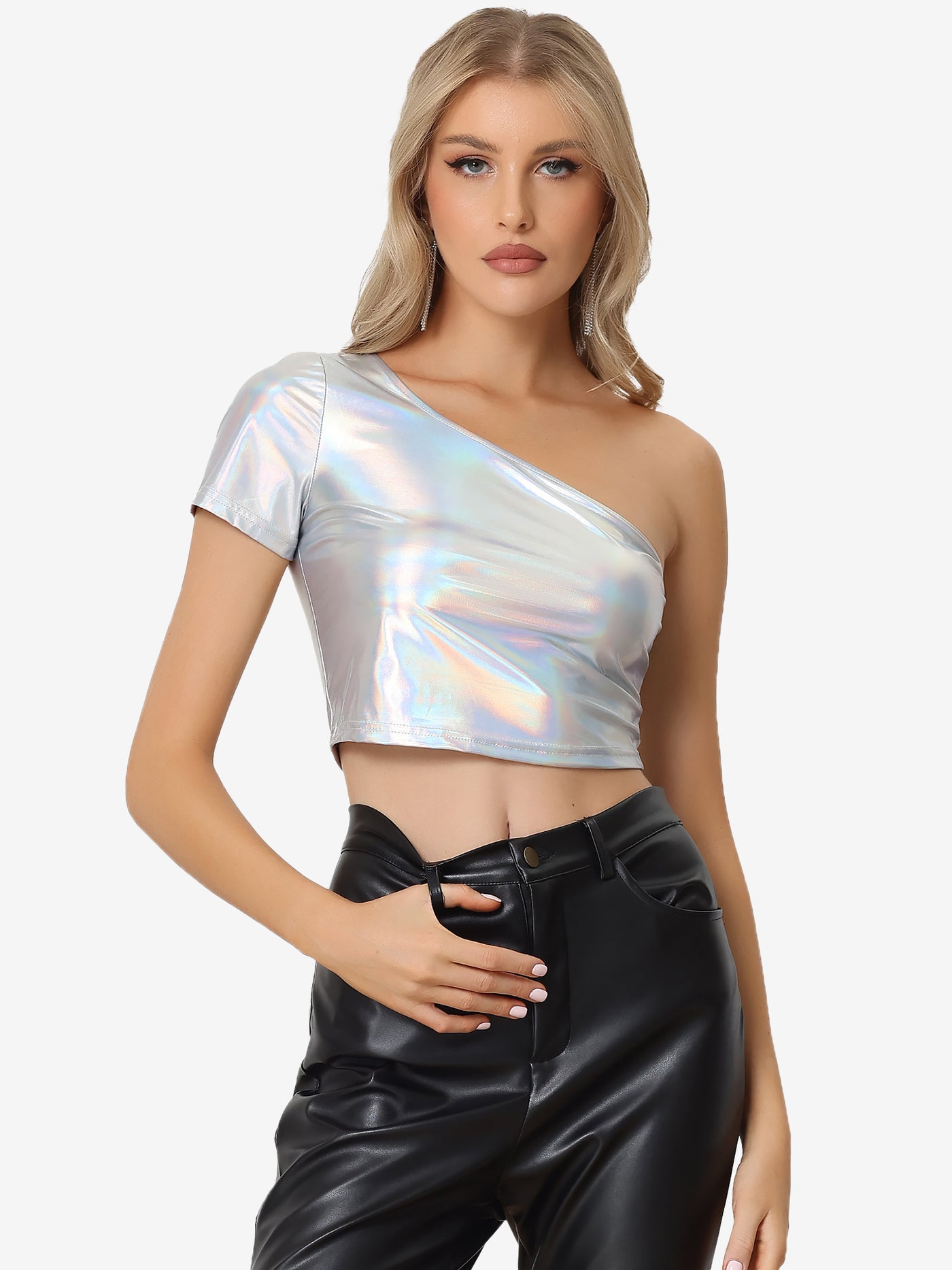 Allegra K One Shoulder Shinny Holographic Clubwear Party Metallic Crop Top