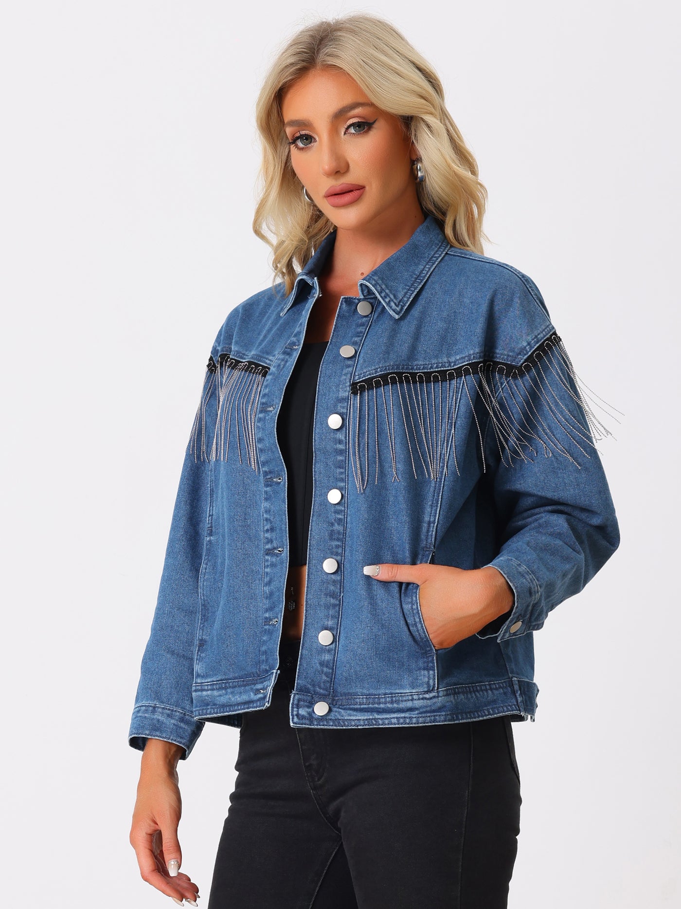 Allegra K Beads Fringe Denim Button Front Western Cowgirl Tassel Jean Jackets