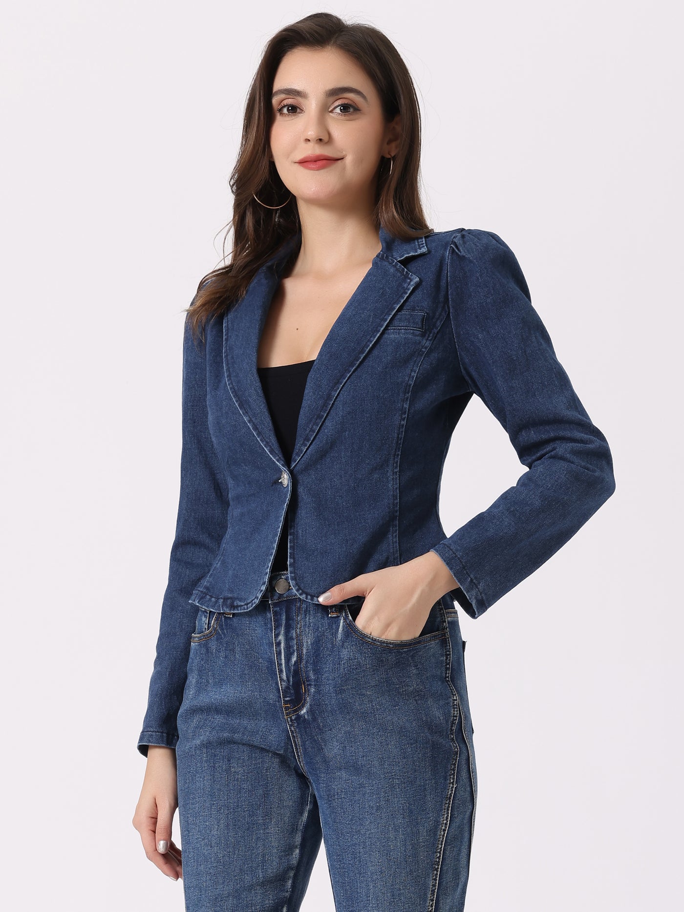 Allegra K Notched Lapel One Button Long Sleeve Denim Blazer Jean Jacket