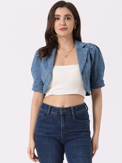 Cropped Denim Short Sleeve Lapel Collar Jean Jacket