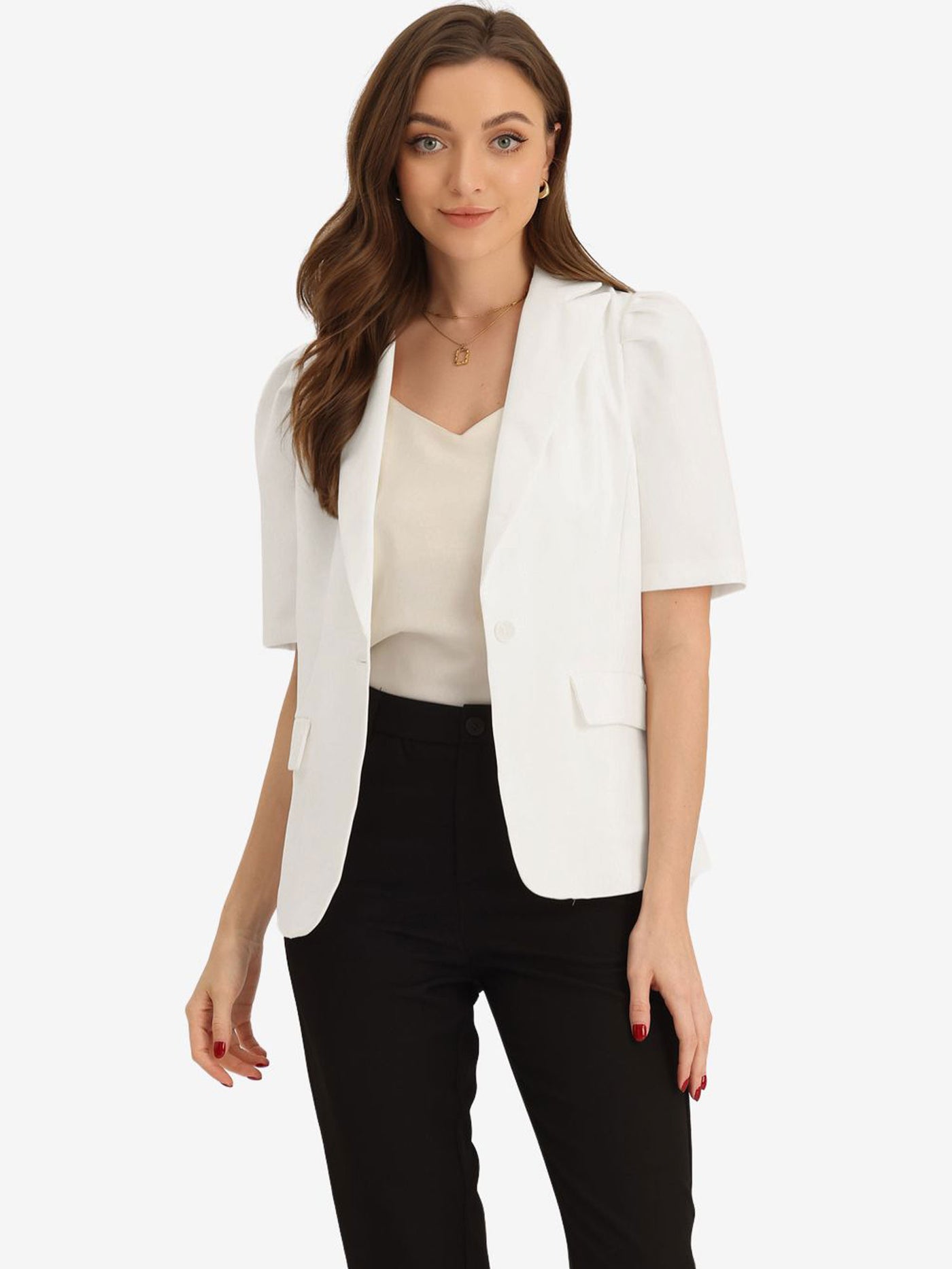 Allegra K Short Sleeve Lapel Collar Buttoned Work Office Casual Blazer