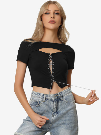 Allegra K Lace Up Front Cut Out Rib-knit Contrast Stitch Cropped Top