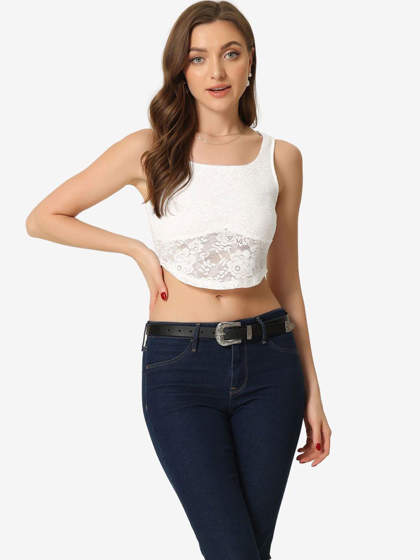 Allegra K Floral Lace Crop Top Sleeveless Semi Sheer Sexy Tank Tops