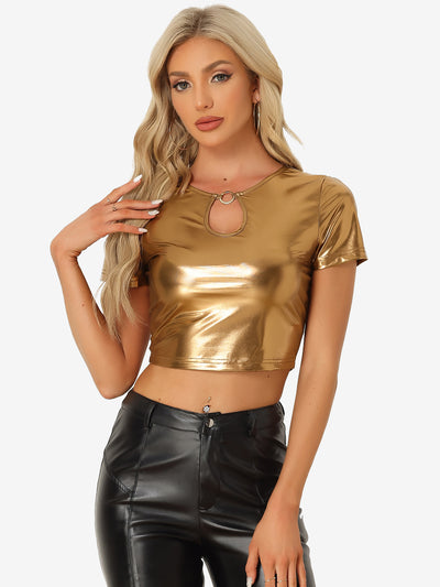 Metallic Keyhole Short Sleeve Party Shiny Holographic Crop Top