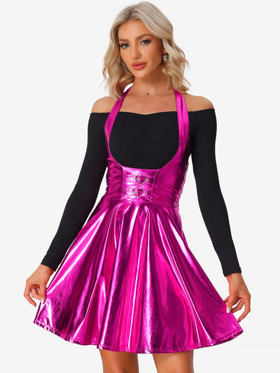 Metallic Overalls High Waist Party A-Line Suspender Skirt