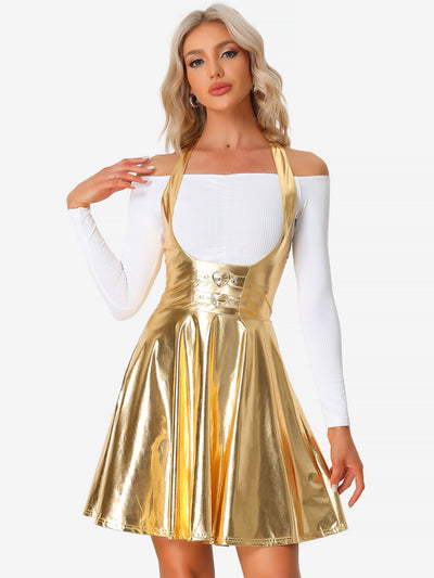 Metallic Overalls High Waist Party A-Line Suspender Skirt