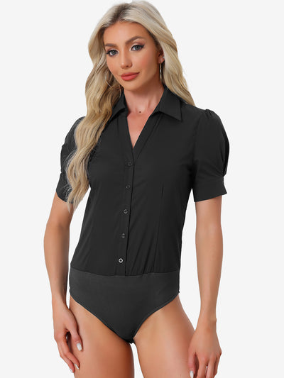 Button Down Leotard Shirt Short Sleeve Collared Business Work Bodysuit