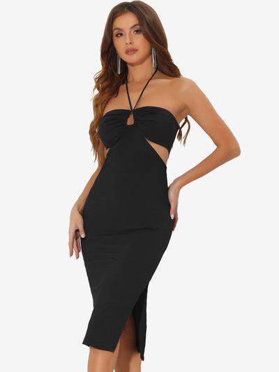 Sleeveless Halter Cutout Bodycon Cocktail Party Midi Dress