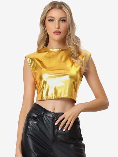 Metallic Round Neck Party Sleeveless Holographic Crop Tank Top