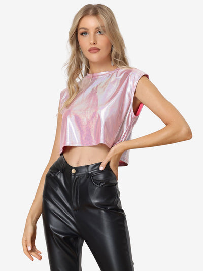 Metallic Round Neck Party Sleeveless Holographic Crop Tank Top