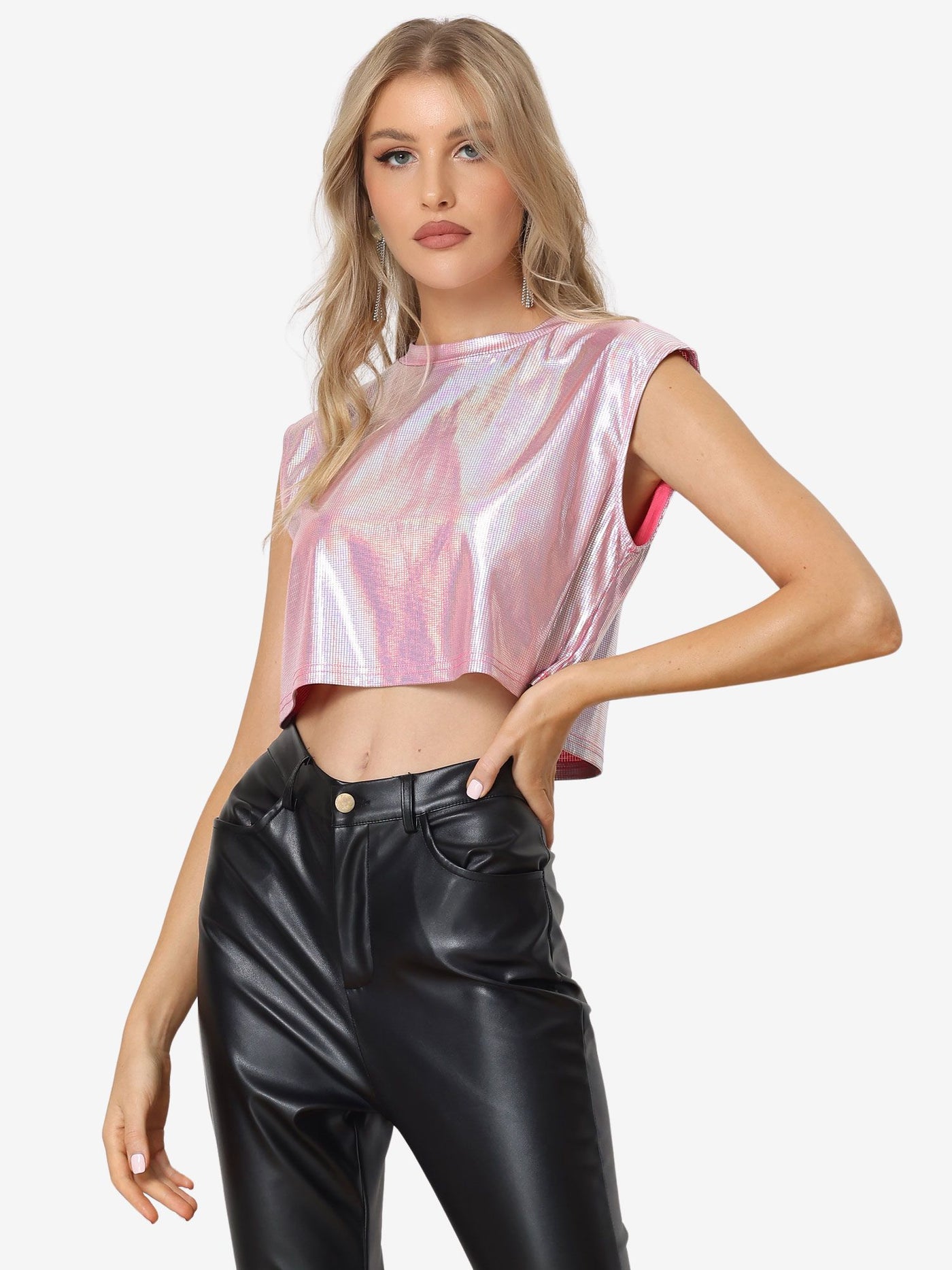 Allegra K Metallic Round Neck Party Sleeveless Holographic Crop Tank Top