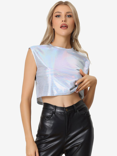 Metallic Round Neck Party Sleeveless Holographic Crop Tank Top