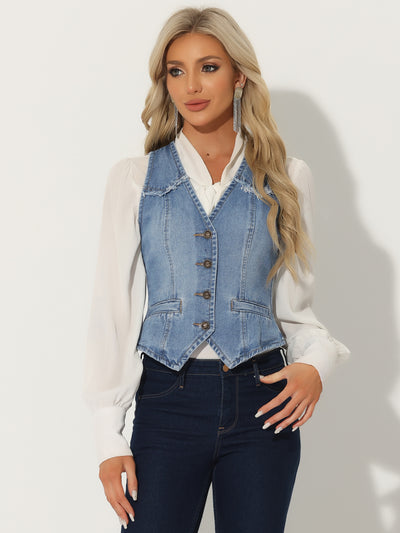 Denim Vest Sleeveless Collarless Washed Distressed Jean Jacket