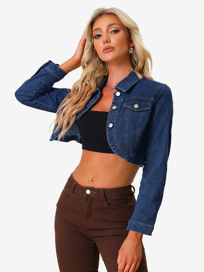 Allegra K Collared Button Down Long Sleeve Denim Crop Jean Jacket