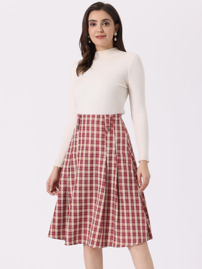 Vintage Plaid High Waist Pleated A-Line Midi Skirt