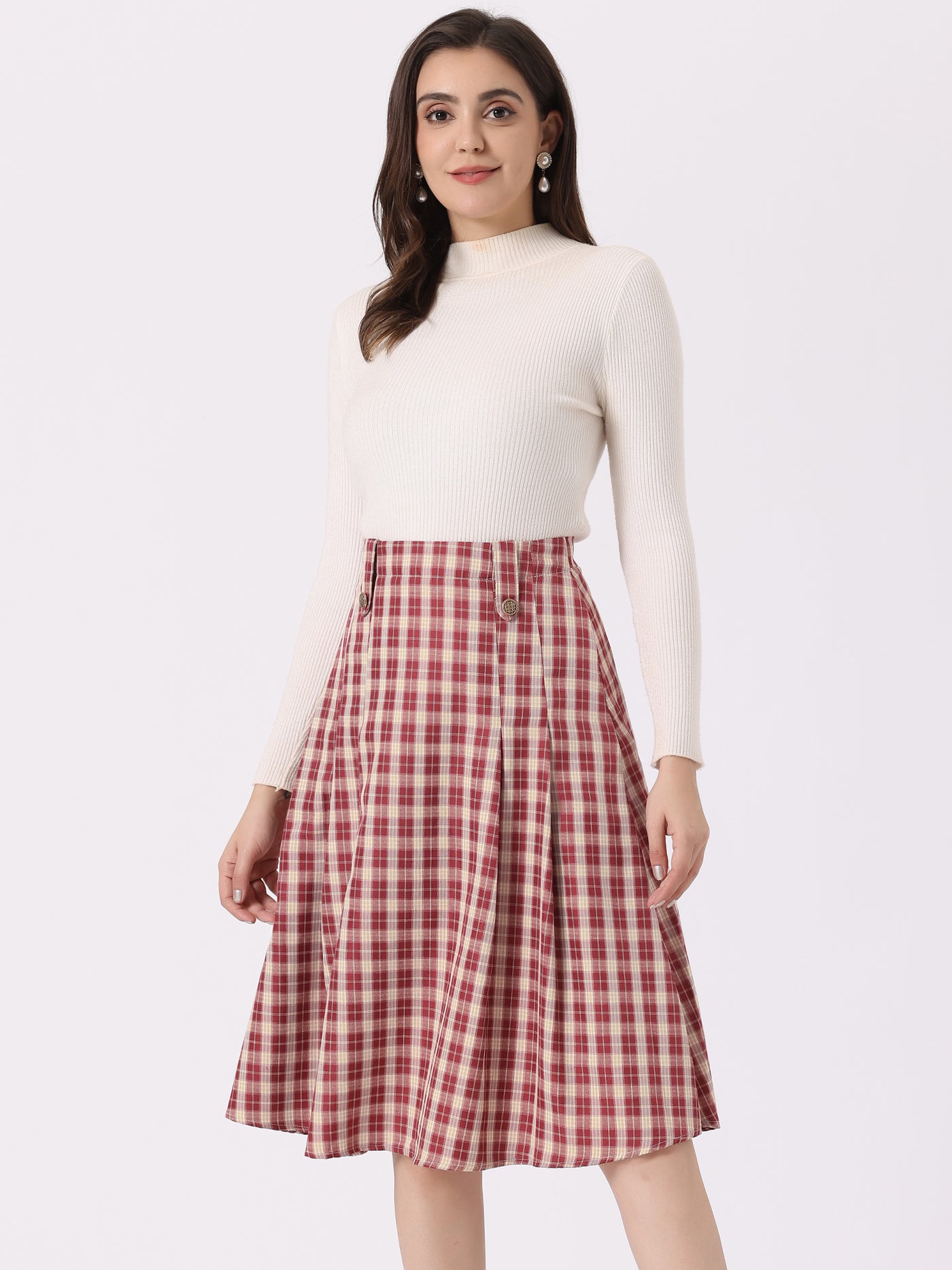 Allegra K Vintage Plaid High Waist Pleated A-Line Midi Skirt